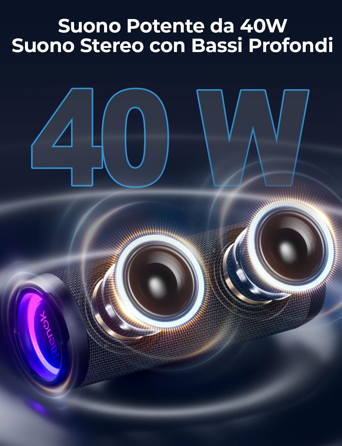 RIENOK Cassa Bluetooth Potente Portatile 40W IPX7 Impermeabile Altoparlante Bluetooth con Equalizzatore, 30 Ore di Autonomia, Bassi Potenti, Chiamate in Vivavoce, Luce LED, Supporta AUX e TF