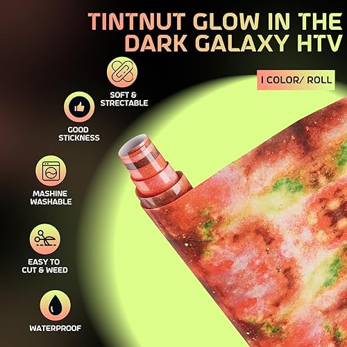 Miniatura 10 de Tintnut Rollo de vinilo de transferencia de calor de galaxia que brilla en la oscuridad, 12 pulgadas x 5 pies, color azul cielo, cielo estrellado,