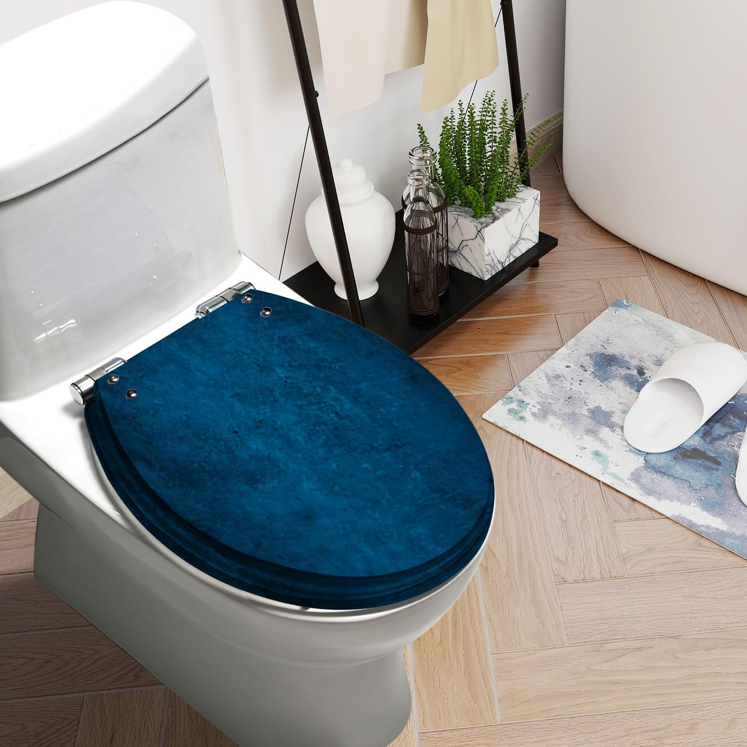 Round Toilet Seat Navy blue rough Toned texture Old scratched damaged wall surface Blue Resin Toilet Seat Quietly Slow Close with Quick-Release Hinges Toilet Seat with Cover Easy to Clean Install