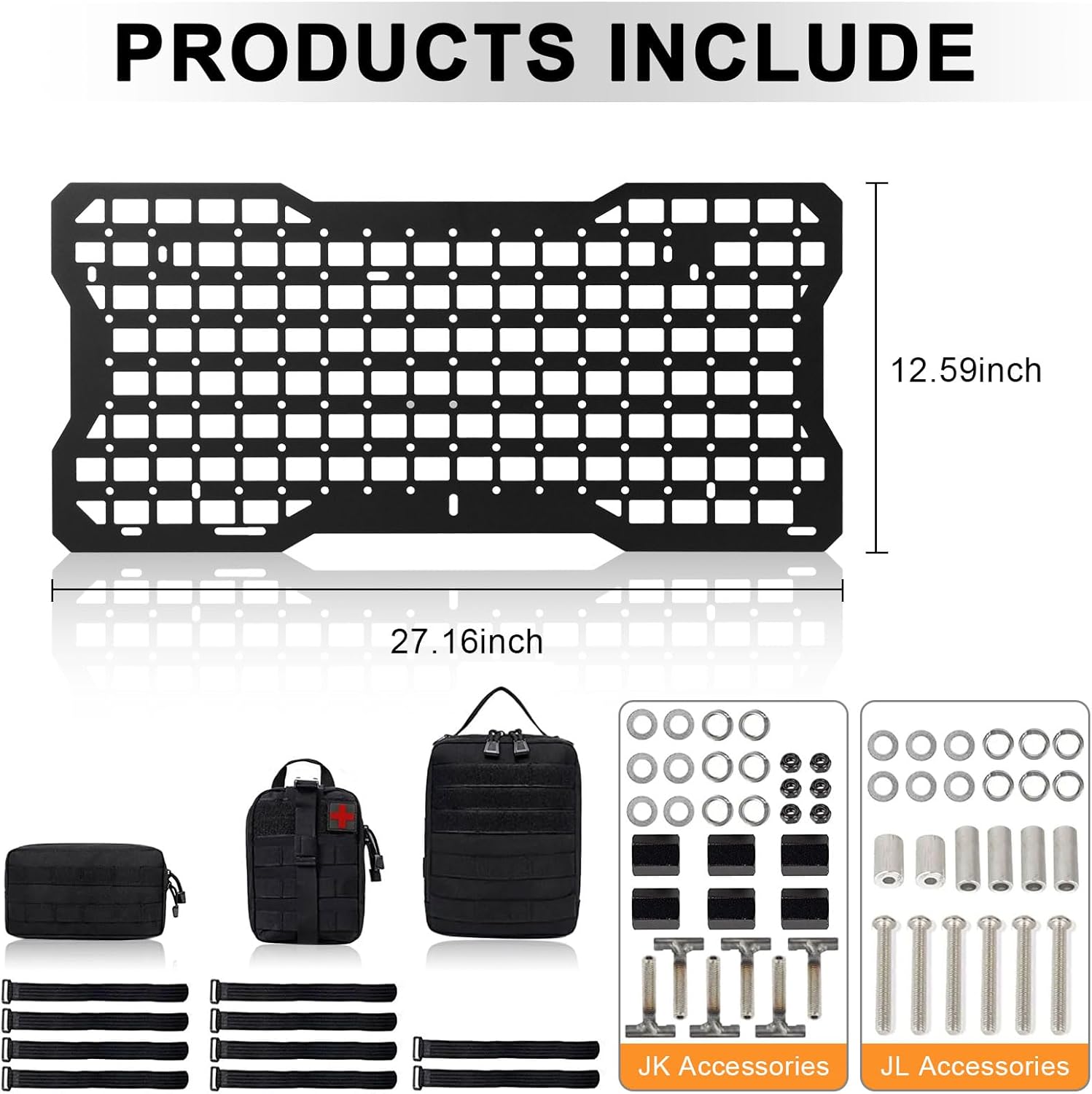 MAIKER Tailgate Molle Panel with 3 Moll Pouch Compatible with Jeep Wrangler 2007-2018 JK JKU & 2018-2024 JL JLU Aluminum Tailgate Tactical Panel Rear Door Cargo Organizer Kit