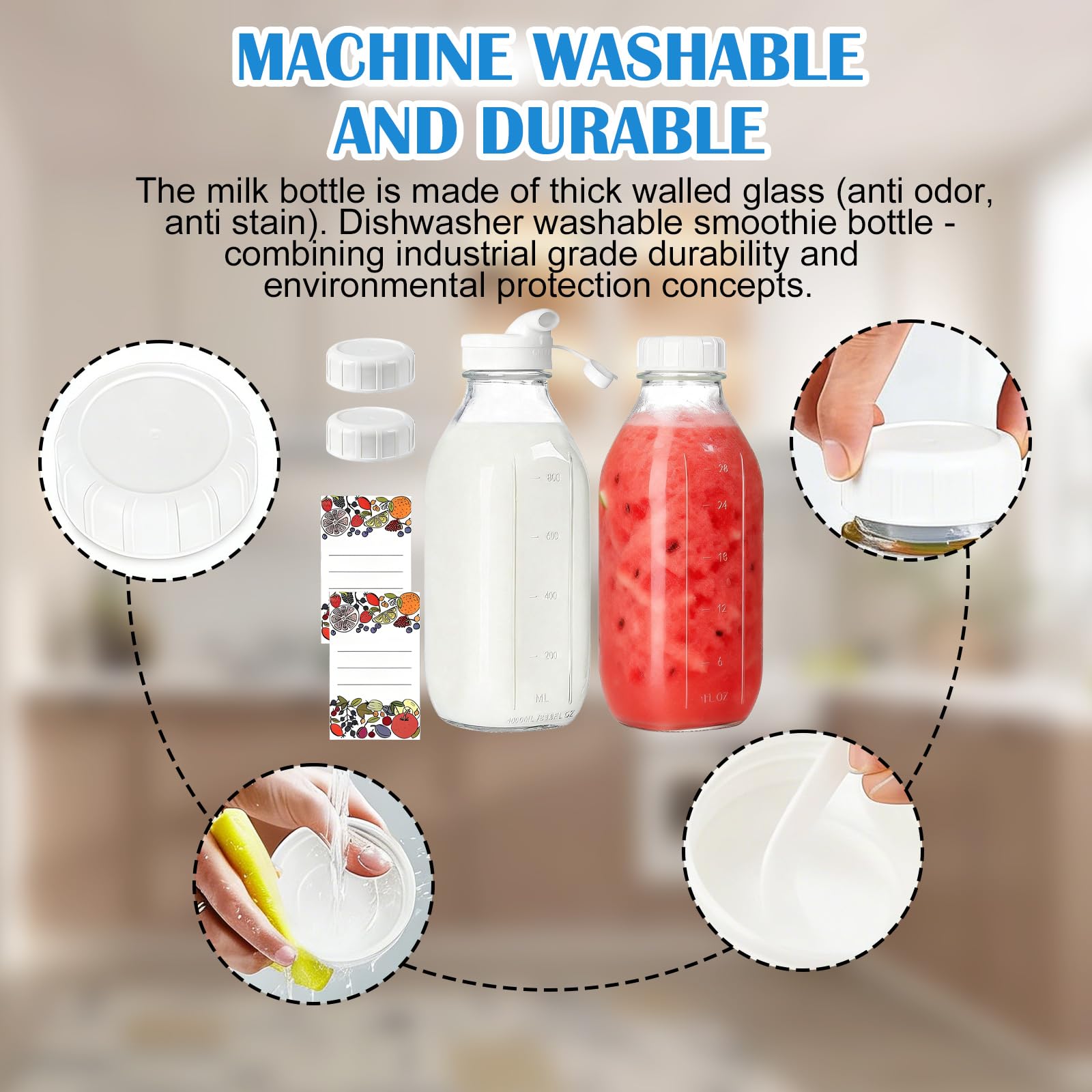 Lot De 2 Bouteilles De Lait En Verre, Bouteilles Carrées En Verre, Carafe À Lait, Avec Couvercles Hermétiques, 1 Litre, Réutilisables Pour Le Stockage Du Lait, Du Jus, Du Miel, De L'eau, Transparent