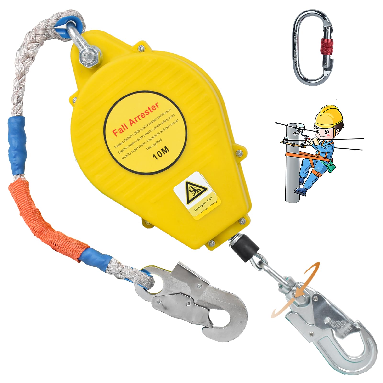 Höhensicherungsgerät Absturzsicherung 10m/15m/20m, Einziehbar Absturzsicherung Dachdecker, 150kg Auffanggurt Absturzsicherung mit 360° Selbstsicherndem Haken(Gelb,10 Meter)