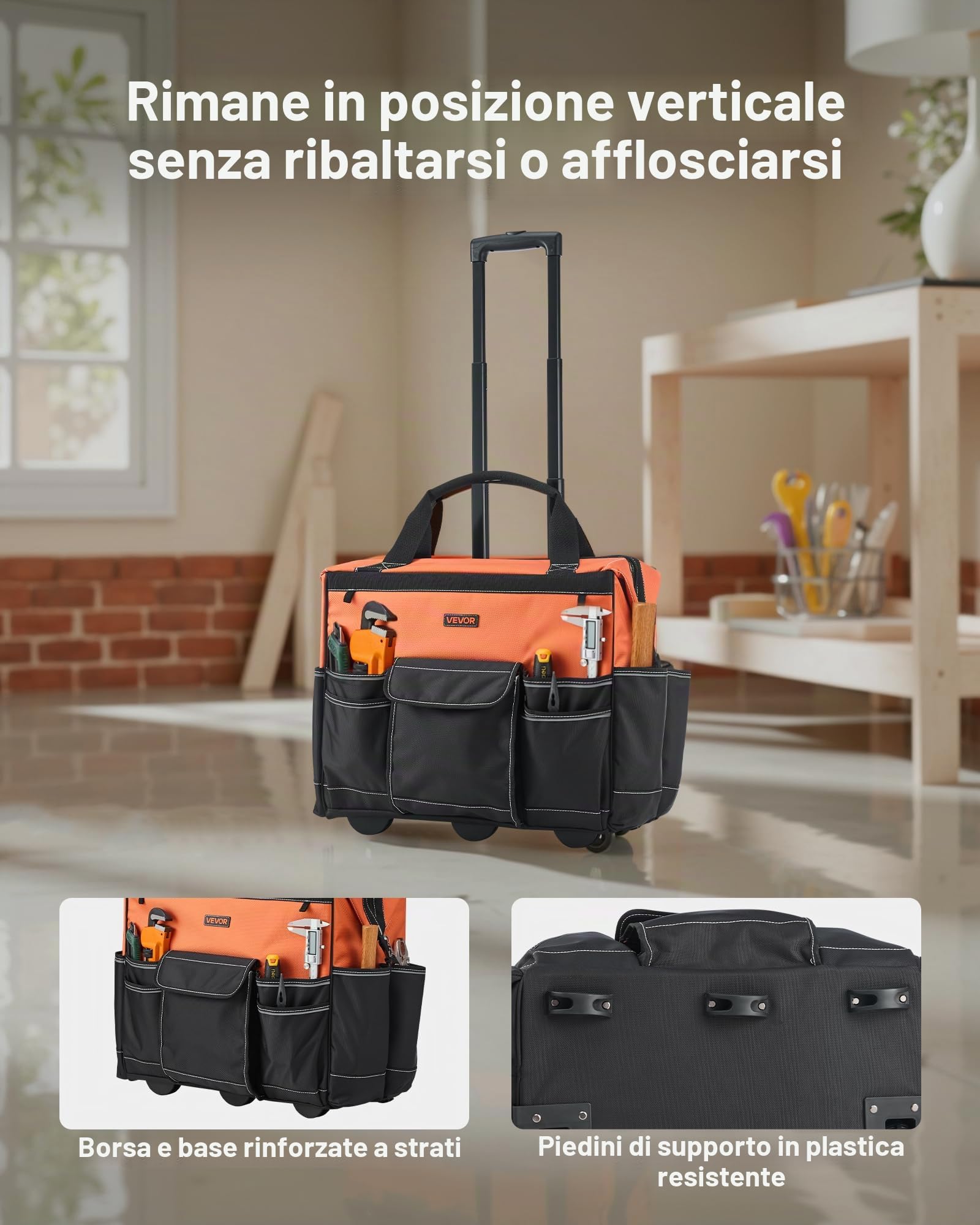 VEVOR Zaino Portautensili con Ruote, Capacità 50 kg, Borsa Portautensili con Ruote da 27 Tasche, Maniglia Telescopica Regolabile e Base Stabile, Organizzatore per Borse per Edilizia, Meccanico