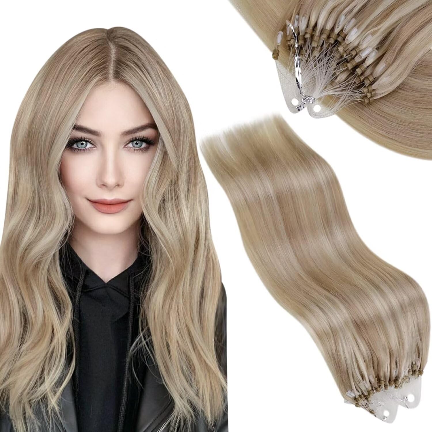 Vivien 24 Inch Micro Beads Extensions Human Hair Blonde Natural Hair Extensions Micro Ring Ash Blonde with Bleach Highlight Long Silky 50s 50g #18/613