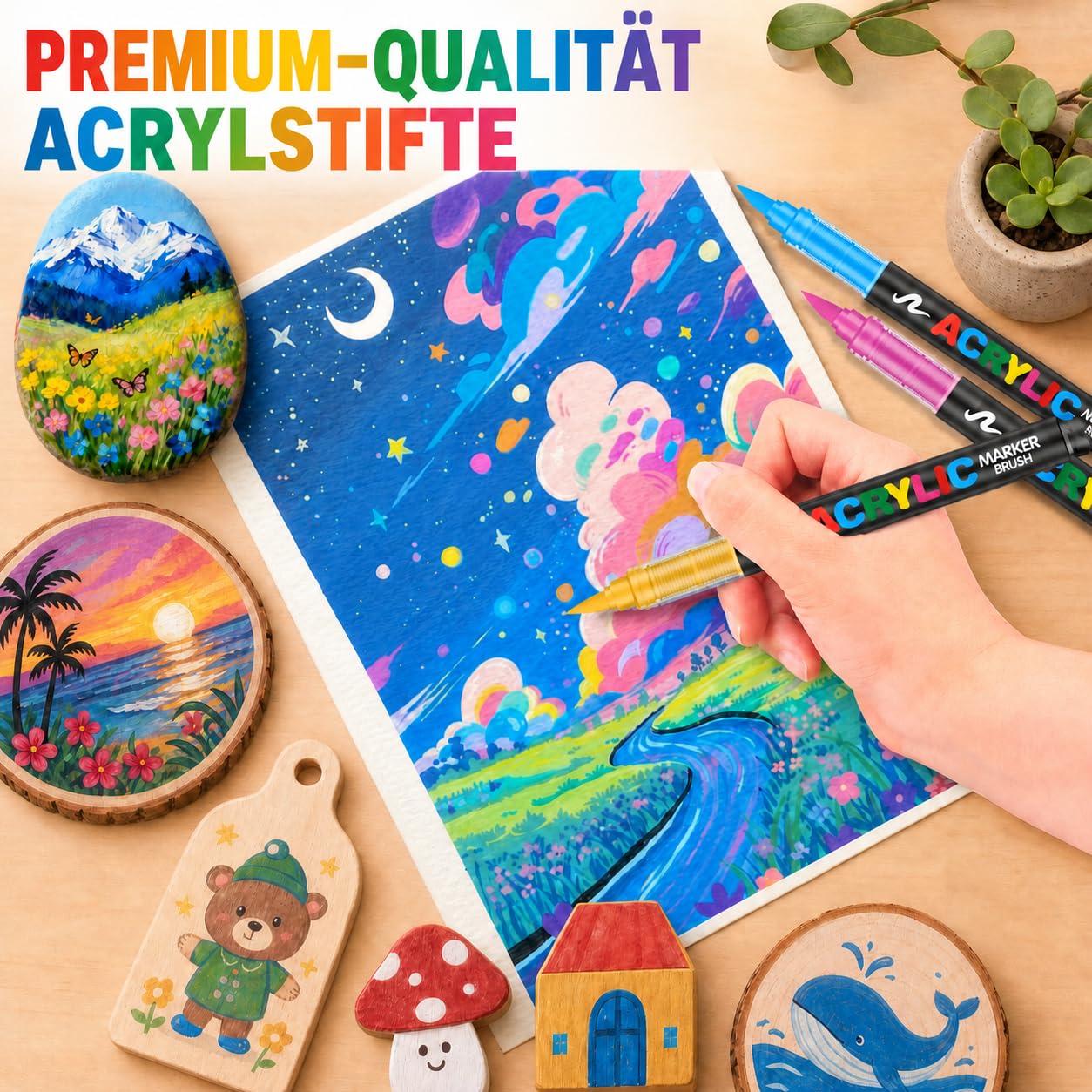 Melifluo 288 Acrylstifte Wasserfest – Acrylmarker mit Pinselspitze 1–6 mm & Direktfluss, Wischfest & Wetterfest – Acryl Stifte für Steine, Glas, Holz, Keramik, Stoff & Leinwand – Künstlerset