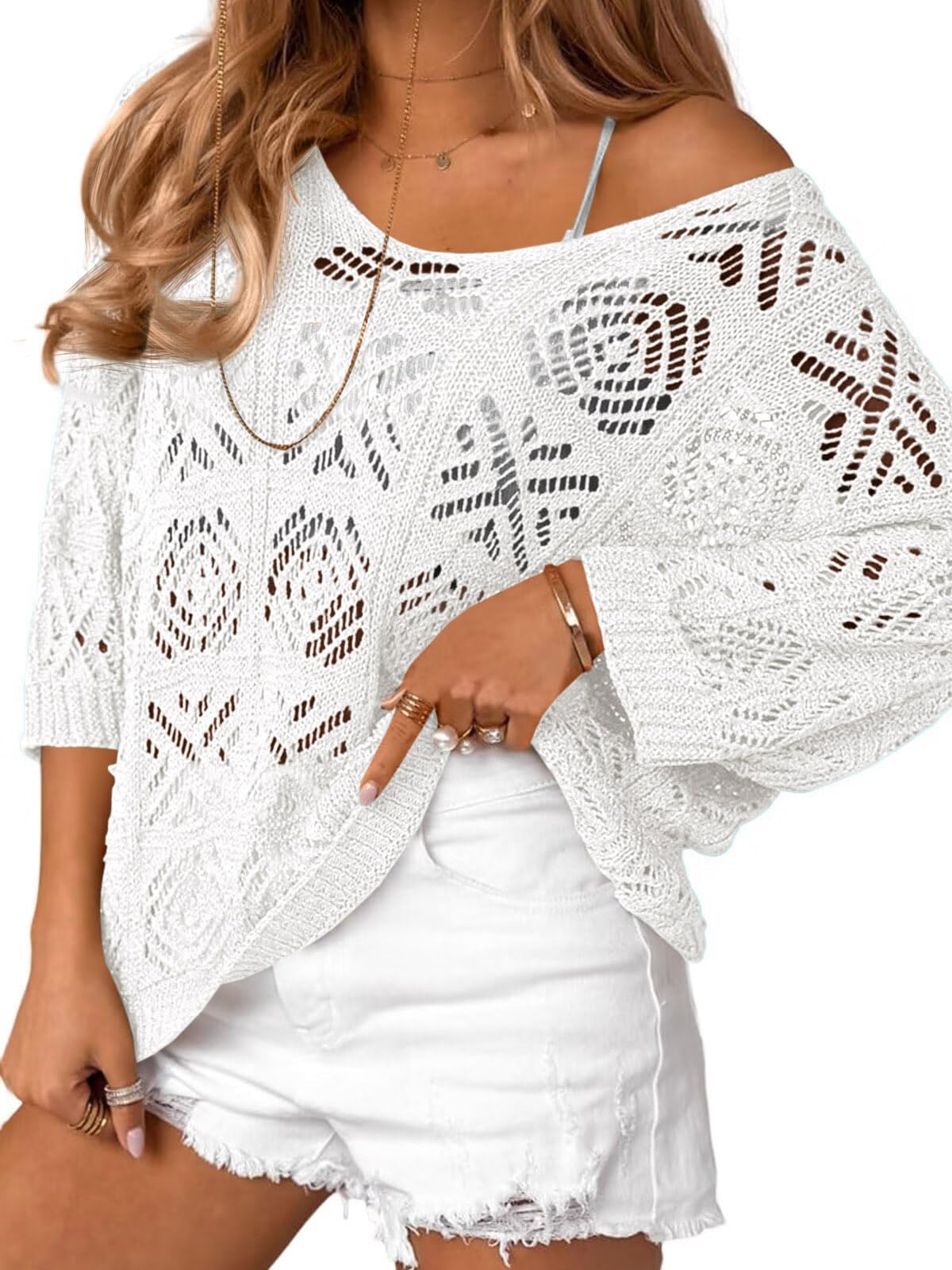 Crochet Sweater for Women 3/4 Sleeve Off Shoulder Mesh Boho Beach Swimwear-image-1