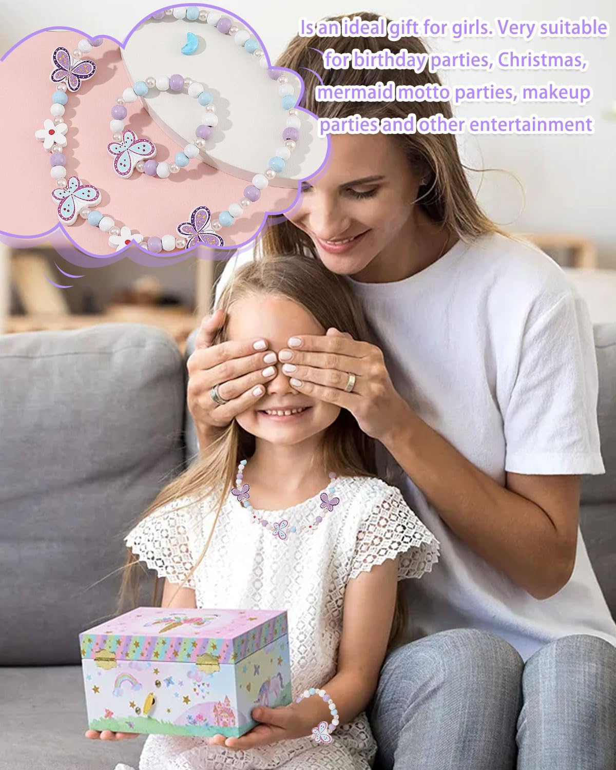 2 Teiliges Kinderschmuck Set Holz Halskette und Armband für Kinder Schmuck Set Kette,Niedliche Schleifenarmbänder, Kinderschmuck Aus Holz, Schmuckset Für Mädchen