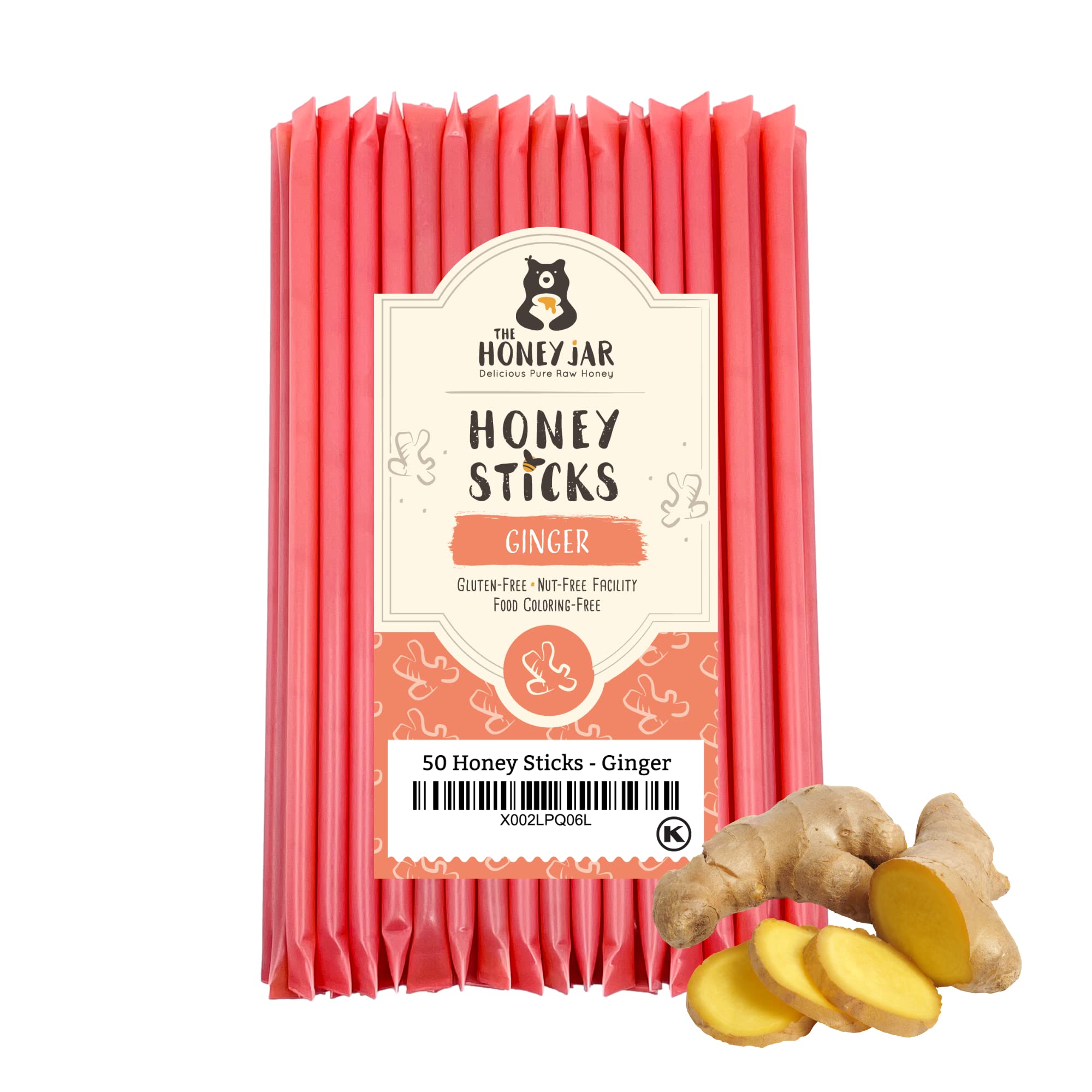 The Honey Jar Ginger Flavored Honey Sticks - Pure Honey Straws For Tea, Coffee, or a Healthy Treat - One Teaspoon of Flavored Honey Per Stick - Made