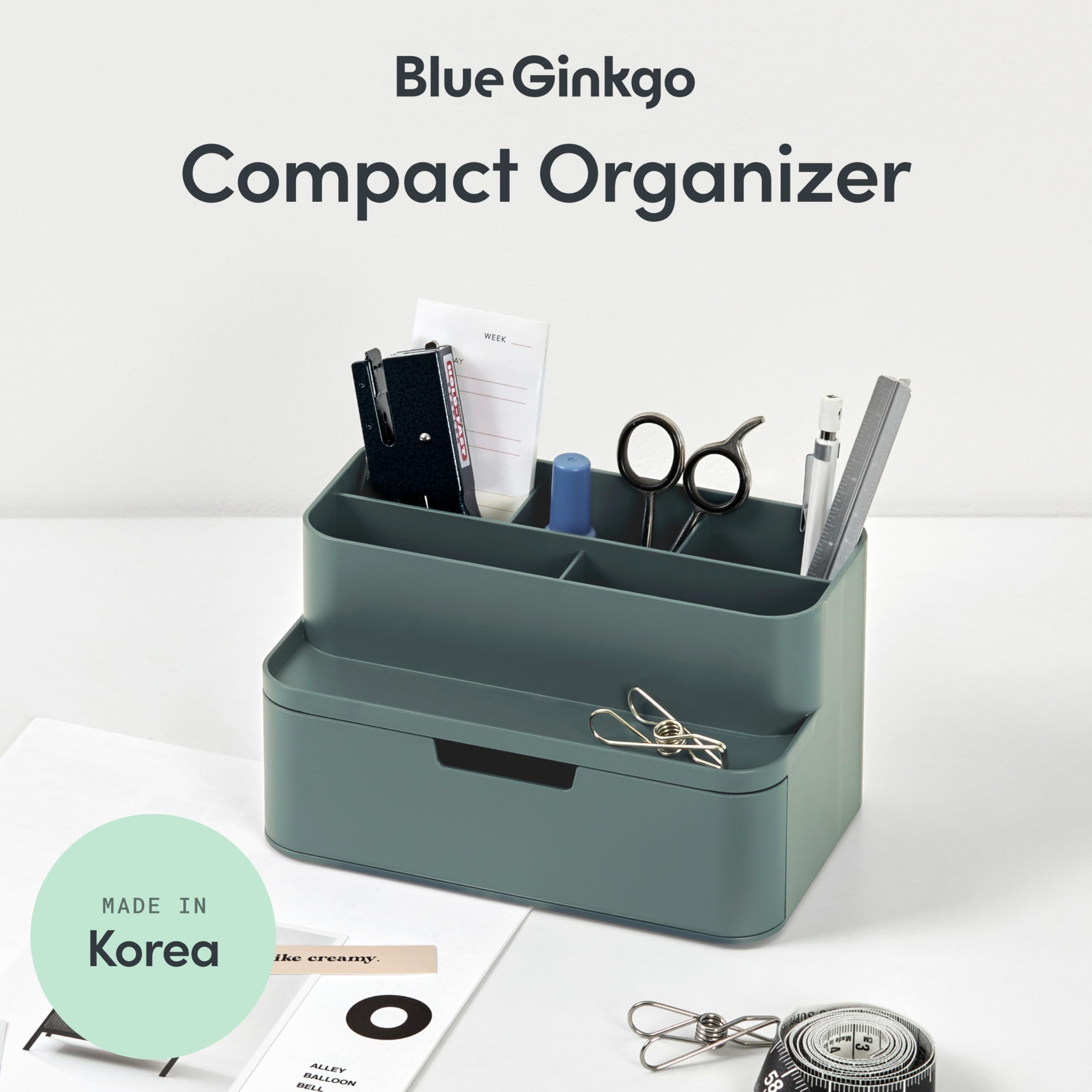 BLUE GINKGO Organizer Compatto da Scrivania 5 Scomparti Cassetto Parziale Verde Made in Korea