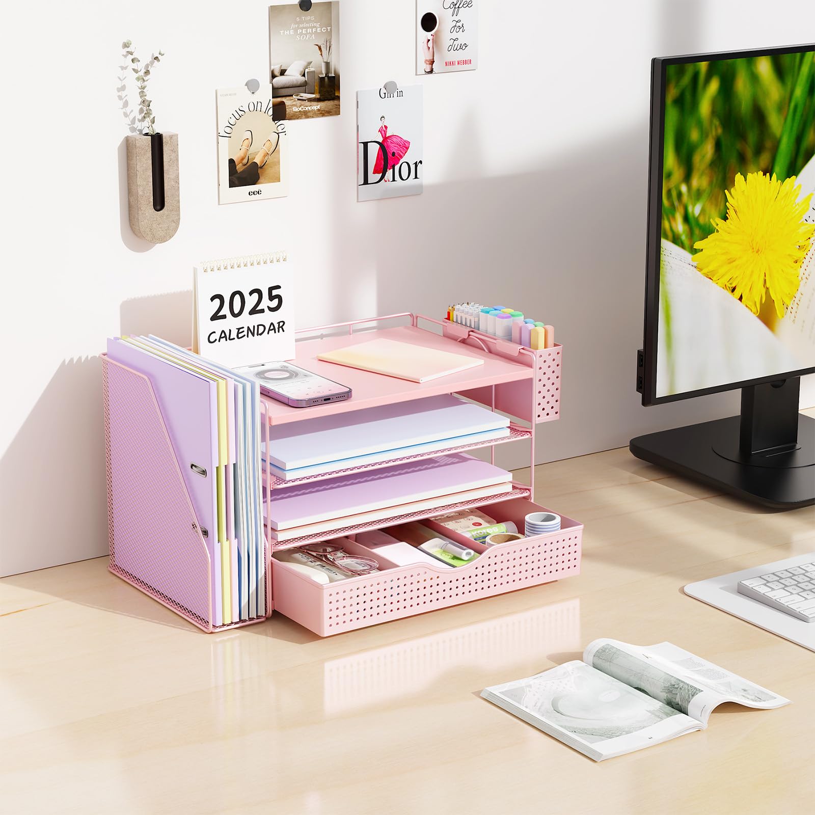Wood Desk Organizers and Accessories with File Holder & Catalog Racks view 3