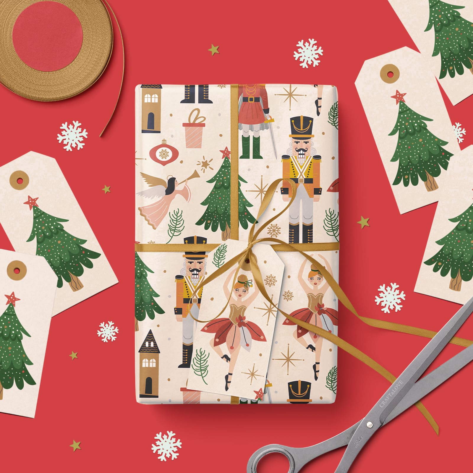 WRAPAHOLIC Papier cadeau de Noël kraft – Mini rouleau – 43,2 cm x 10 m – Motif Casse-noisette blanc pour Noël, vacances, fête