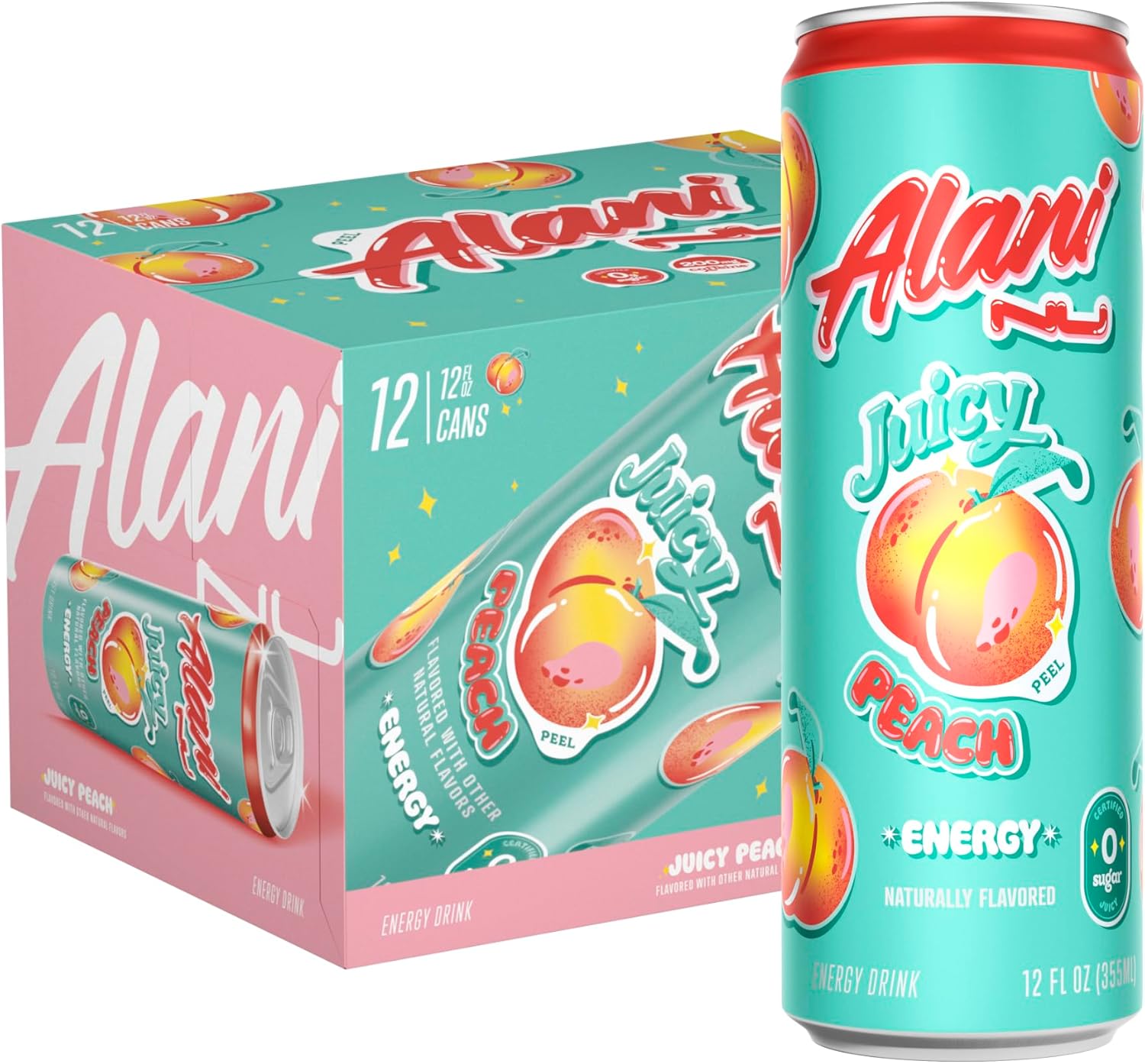 Alani Nu JUICY PEACH, Sugar Free, Low Calorie Energy Drinks, 200mg Caffeine, Biotin, B Vitamins, Zero Sugar, 10 Calories, 12 Fl Oz Cans, 12 Pack Juicy Peach 12 Fl Oz (Pack of 12)( BB: 06/2027)