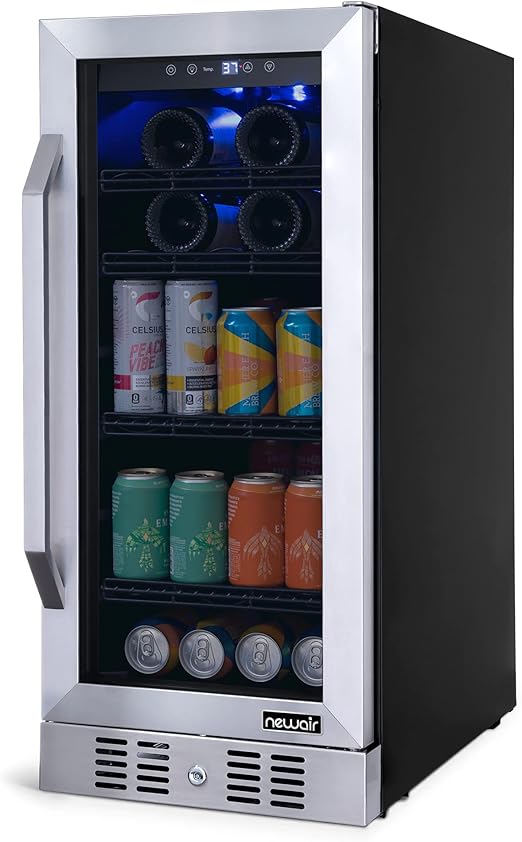 NewAir 15" Glass Door Wine Fridge | 80 Cans or 33 Bottles Wine and Beverage Fridge | Compressor Cooled, Digital Thermostat, Reversible FlipShelf Racks | Stainless Steel
