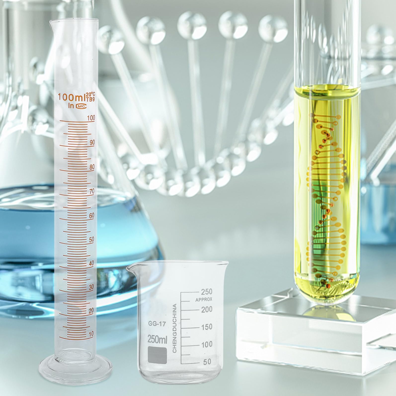 UKCOCO 9piezas Cristalería Para Laboratorio De Material Científico Vaso De Precipitados Matraz Cónico y Probeta De Vidrio Para Experimentos De Ciencia Casa o Escuela