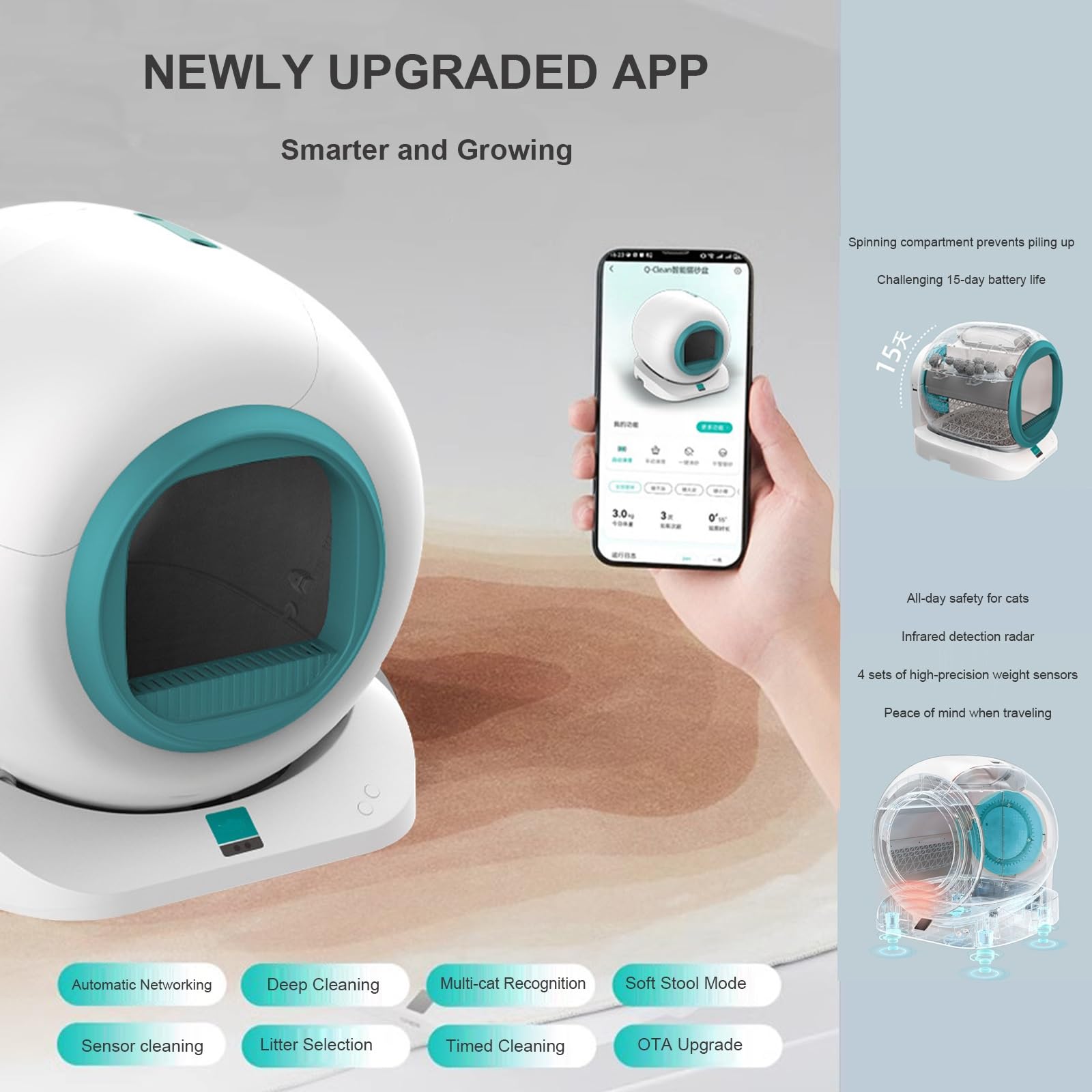 Inteligentny robot do kuwety, samoczyszcząca kuweta dla kota, 65 l, duża pojemność, samoczyszcząca kuweta dla wielu kotów, zintegrowana ochrona bezpieczeństwa, kontrola aplikacji, usuwanie