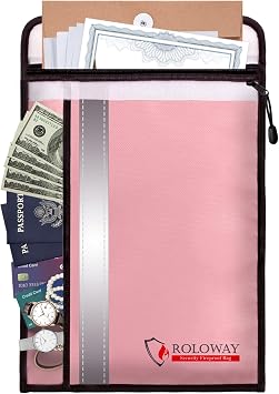 ROLOWAY Fireproof Document Bag 15 x 11 inch with 2 Pockets & Waterproof Zipper, Fireproof Money Bag, Fire Safe Bag with Reflective Strip, Fireproof Envelope for Cash, Legal Documents Safe Pink