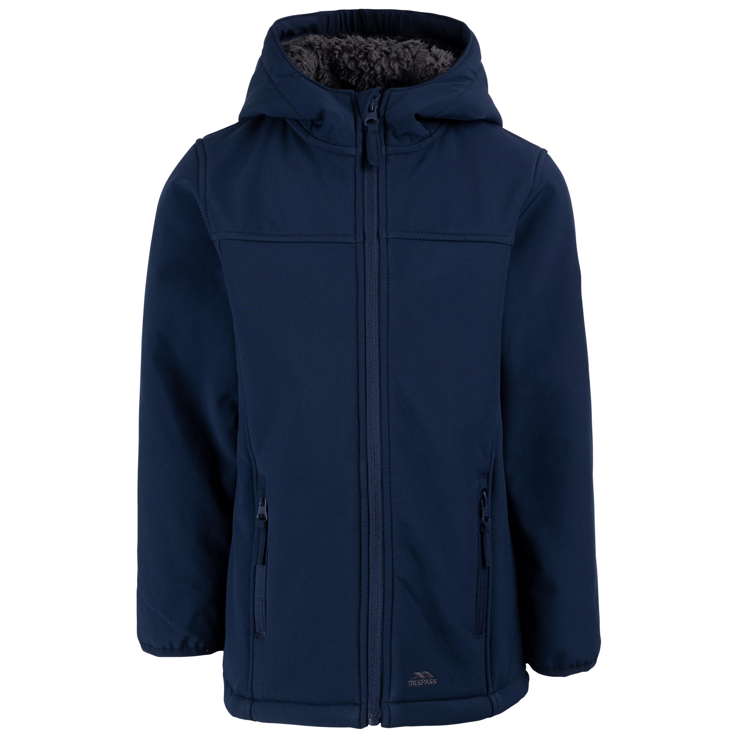 Trespass Girls Navy Softshell Jacket Kristen - Contrast Bonded Fake Fur Back, Chin Guard, Longer Length, 2 Zip Pockets, Adjustable Hood, Binding At Cuffs