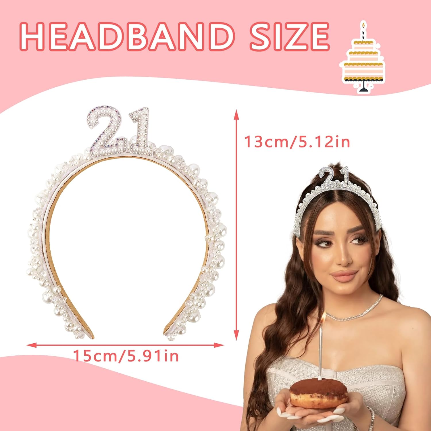 21st Birthday Crown Tiara, White Pearl Headband for Women's 21st Birthday Outfit Accessory - Image 2