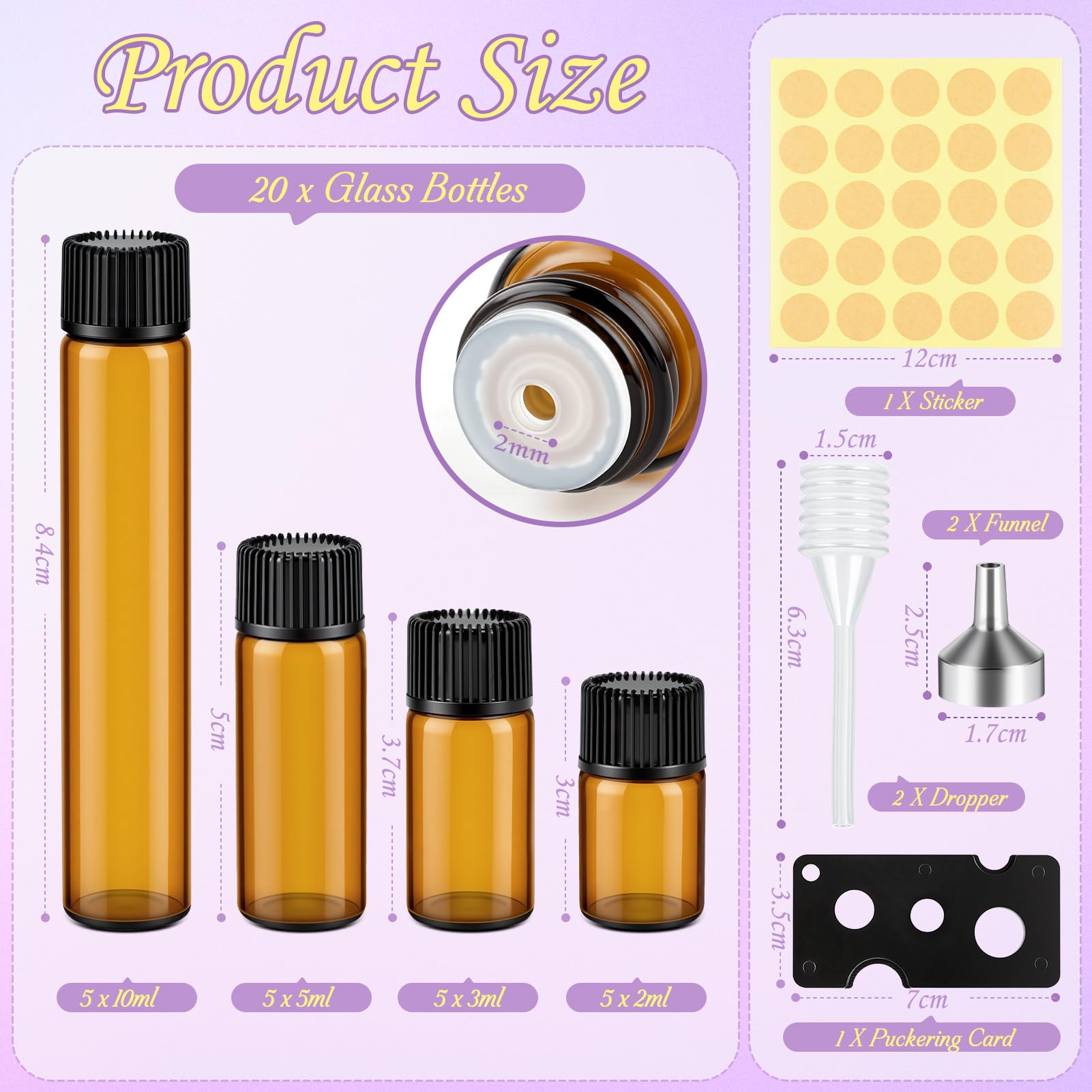 MELLIEX 20 Piezas Botellas de Cristal Marrón Mini Vacías con Tapa para Aceites Esenciales y Perfumes