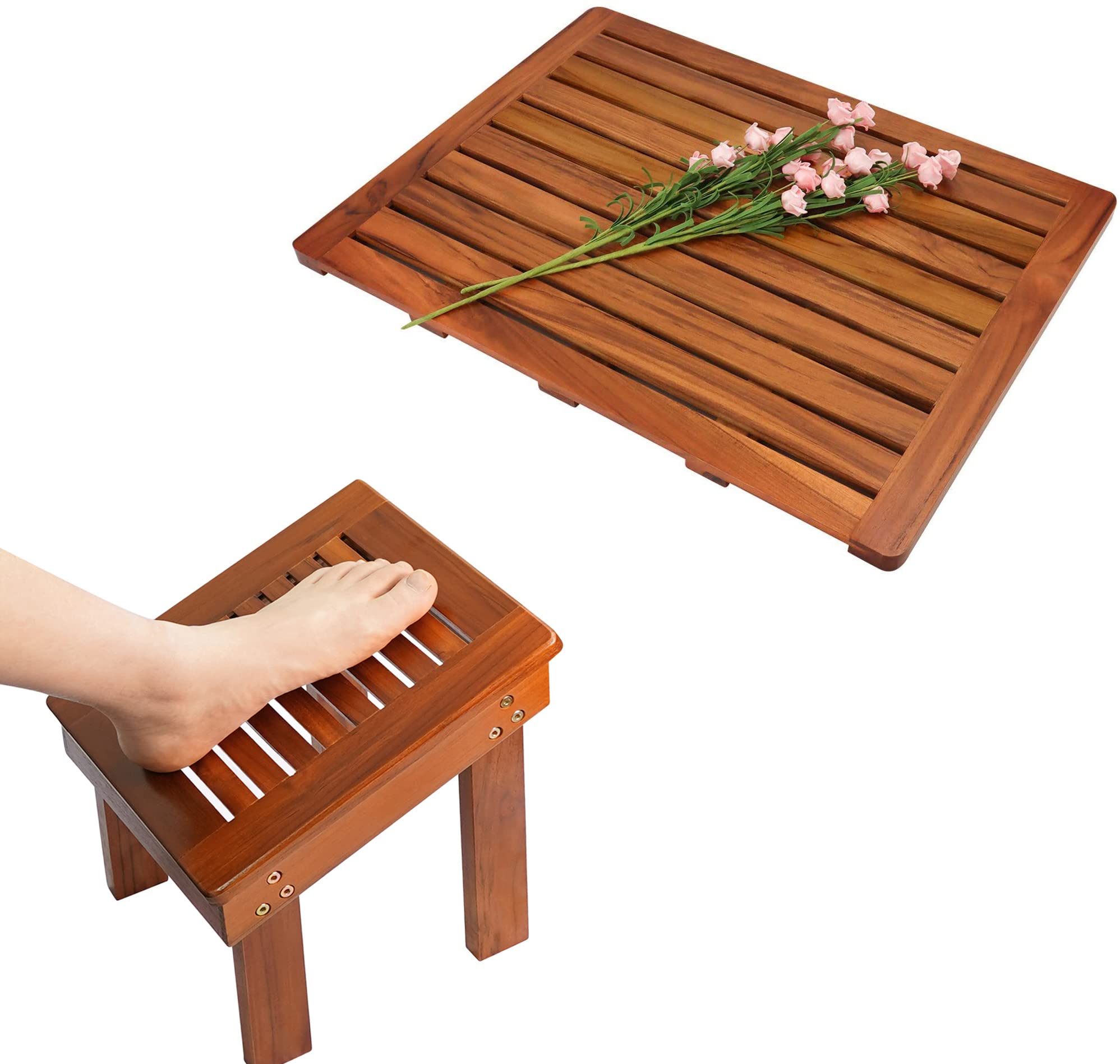 Utoplike (24"x18") Teak Wood Bath Mat, Shower Mat Non Slip for Bathroom and Teak Wood Shower Foot Stool for Shaving Legs