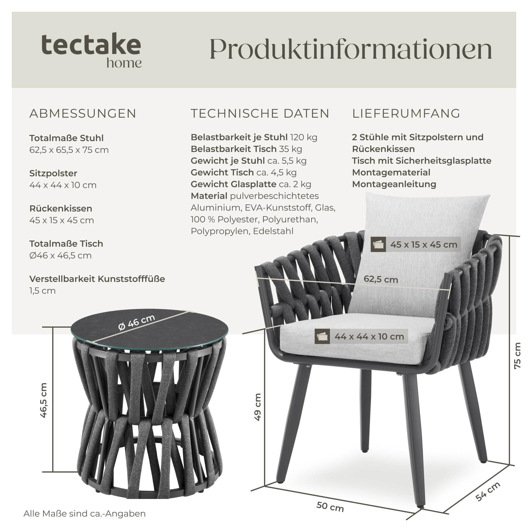 tectake® Gartenmöbel-Set Lugano Rope-Design, Aluminiumgestell, Tisch 2 Stühle, Dicke Sitzpolster, Gartenlounge, Loungemöbel, Gartensitzgruppe, Outdoor Lounge Set, Terrassenmöbel, Balkonmöbel
