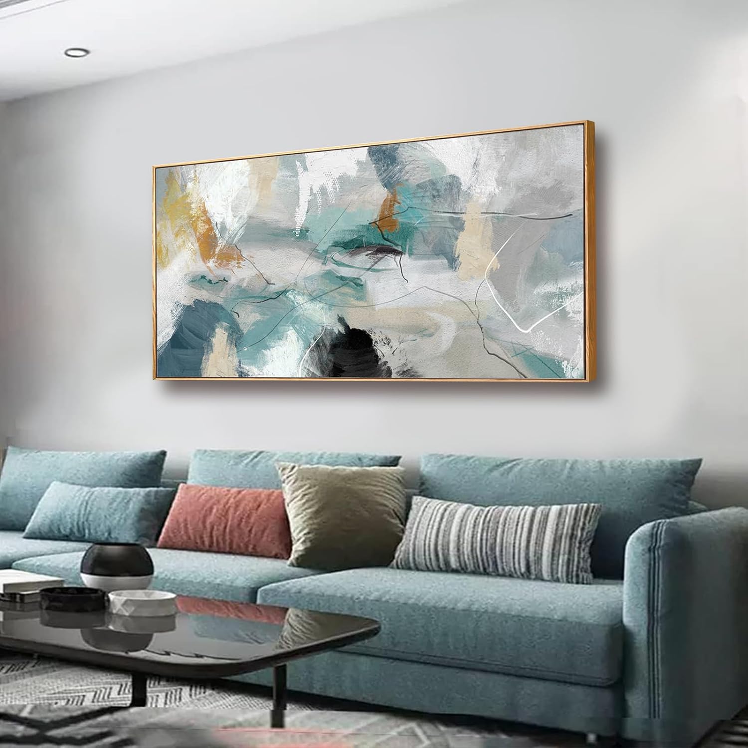 Kureful Abstract Oil Painting/Green Wall Decor/Artwork for Living Room Picture Prints on Canvas/Grey Wall Decor for Bedroom Office Hotel 20x40 Inch