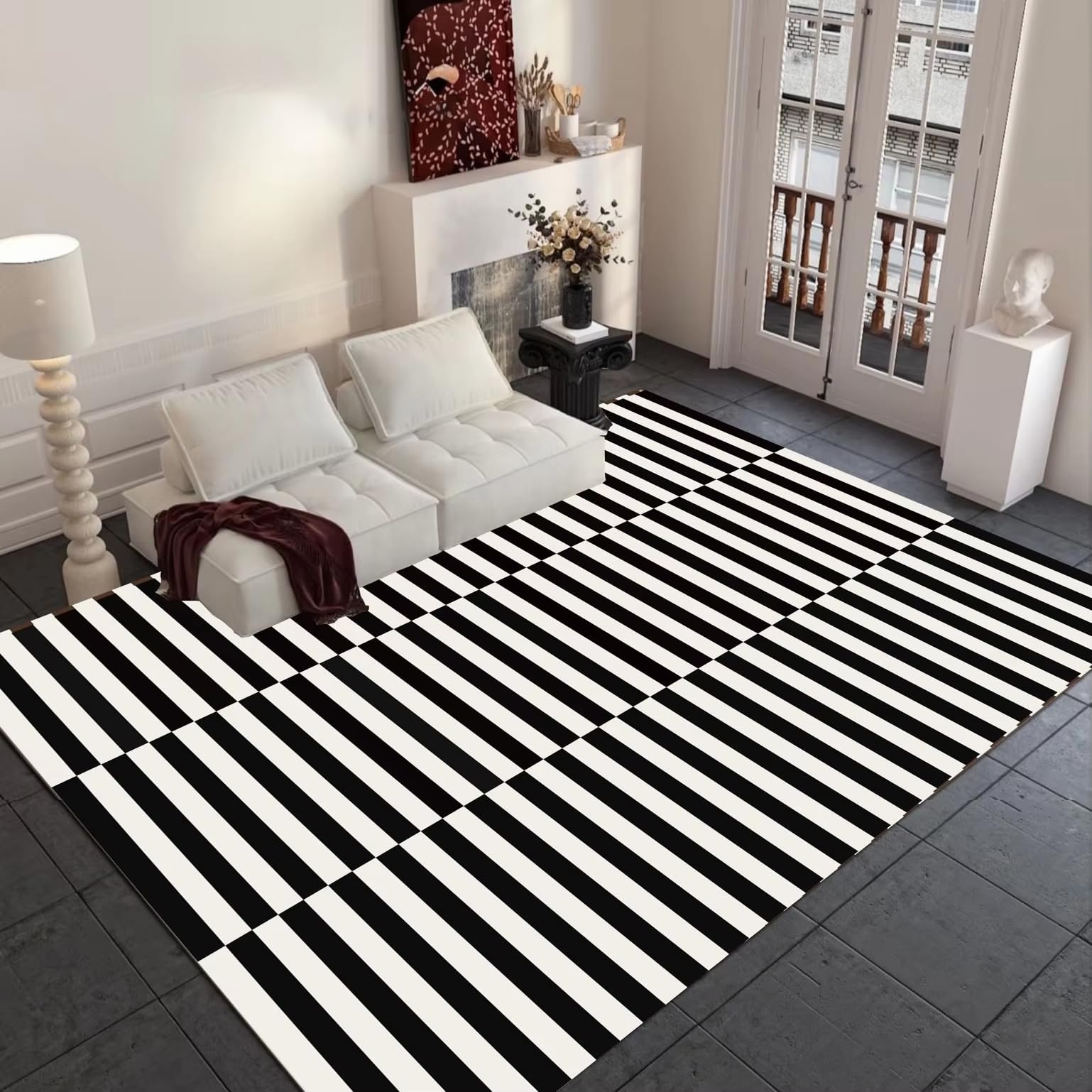 Tapis rayé Noir et Blanc en Fil Imitation Cachemire Extra-Fin — Doux, résistant et antidérapant pour Une décoration de Salon Moderne (180 x 280 cm/Lavable)
