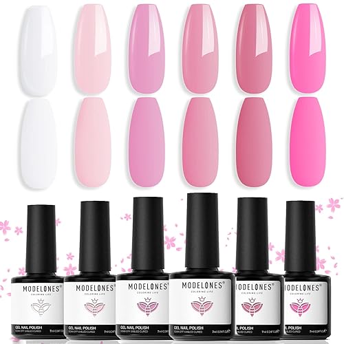 Modelones - Juego de esmalte de uñas en gel 6 colores blanco rosa intenso para todas las estaciones para secar con lámpara LED kit de iniciación de