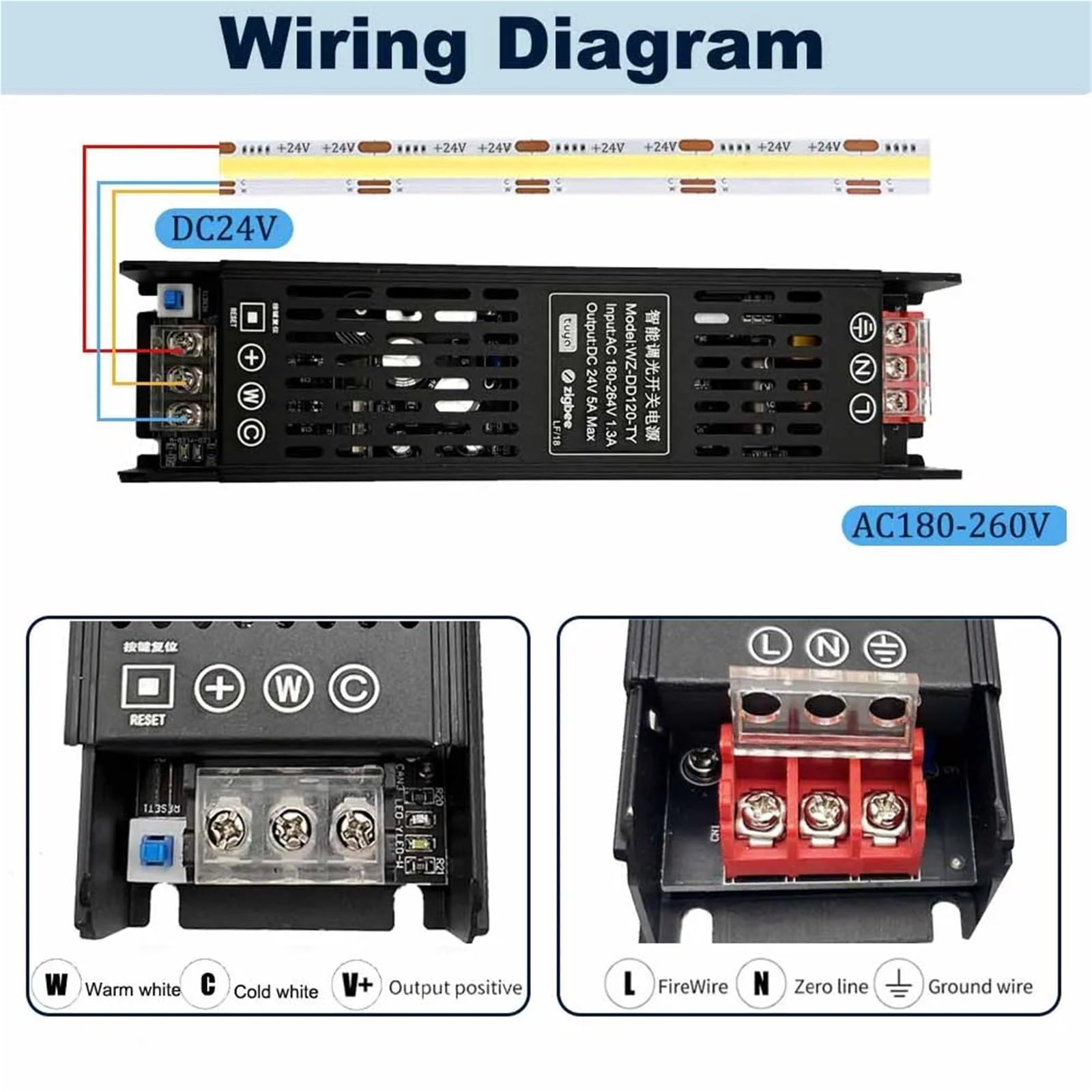 Trasformatore dimmer DC24V 2 in 1 Driver LED dimmerabile 120W 240W Doppio RGBCCT Controllo vocale tramite APP(RGBCCT version,DC24V 120W)