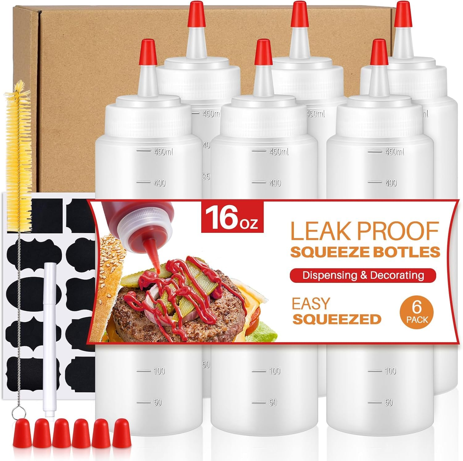 Sopito Squeeze Bottles, 16oz Leak-Proof Wide Mouth Condiment Squeeze Bottles for Liquids Sauces Ketchup Oil, 6 Pack