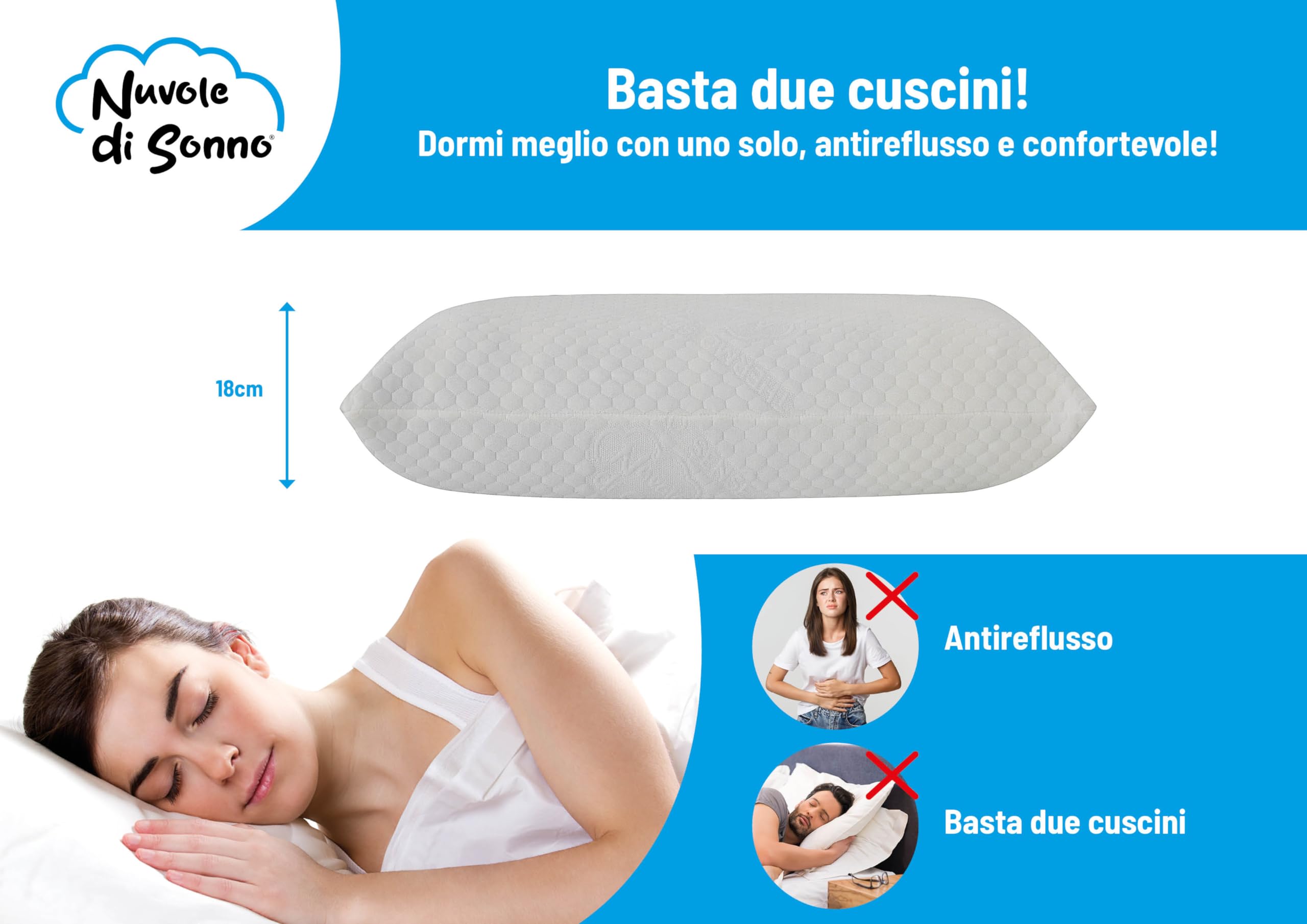 Nuvole di Sonno Kaysa Cuscino Massaggiante Memory Foam HD 18cm Antireflusso | Guanciale Semi-Rigido Traspirante, Rivestimento Lavabile, Ergonomico, Correttore per Collo, Made in Italy