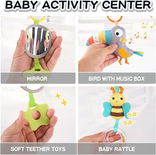 Miniatura 5 de Juguetes de asiento de automóvil, juguetes musicales para asientos de automóvil para bebés de 0 a 6 meses, juguetes de viaje para bebés con espejo