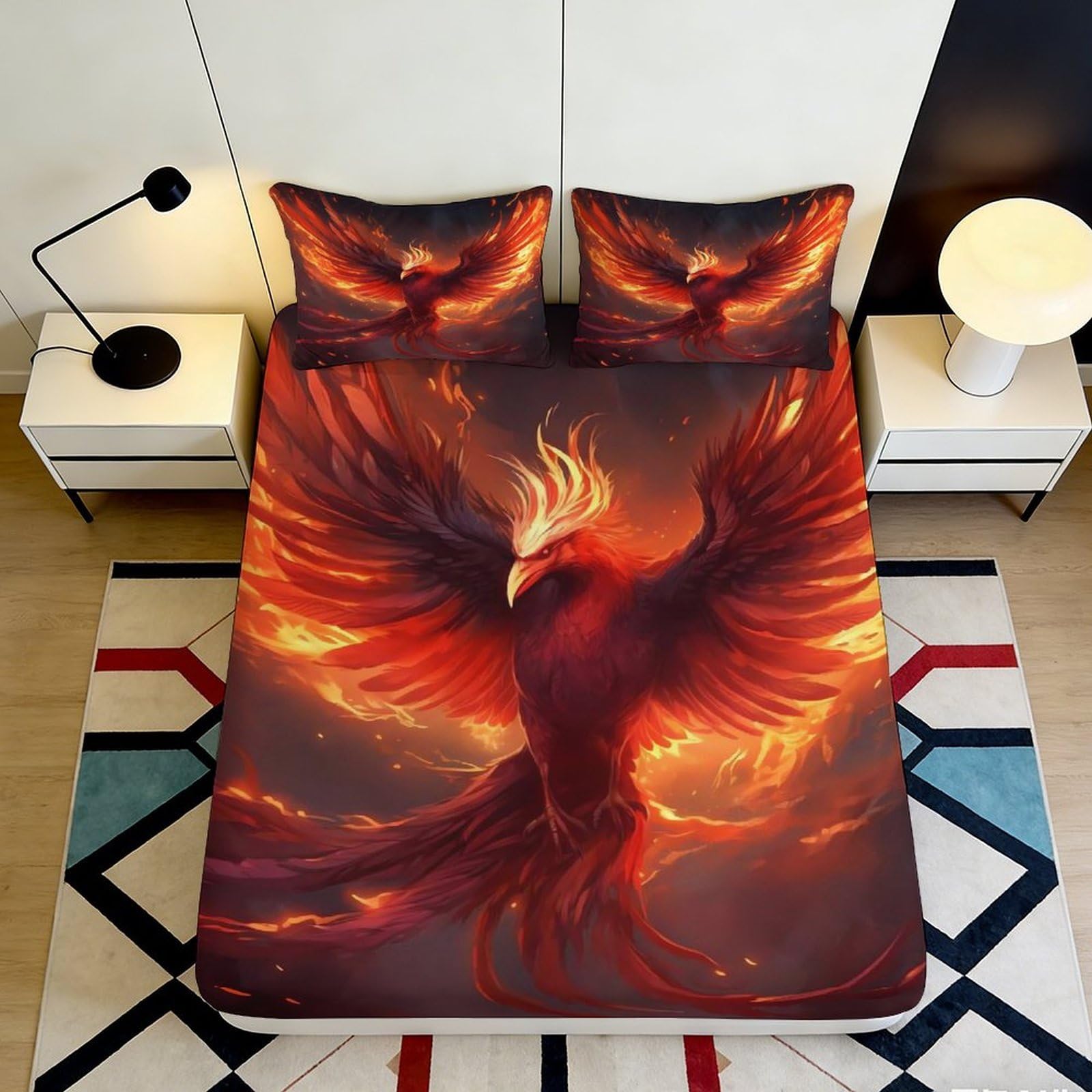 3D Printed Fire Phoenix Fitted Sheet Microfiber Soft Non Slip Flame Bird Mattress Cover Bedroom Decor 90x200x25cm
