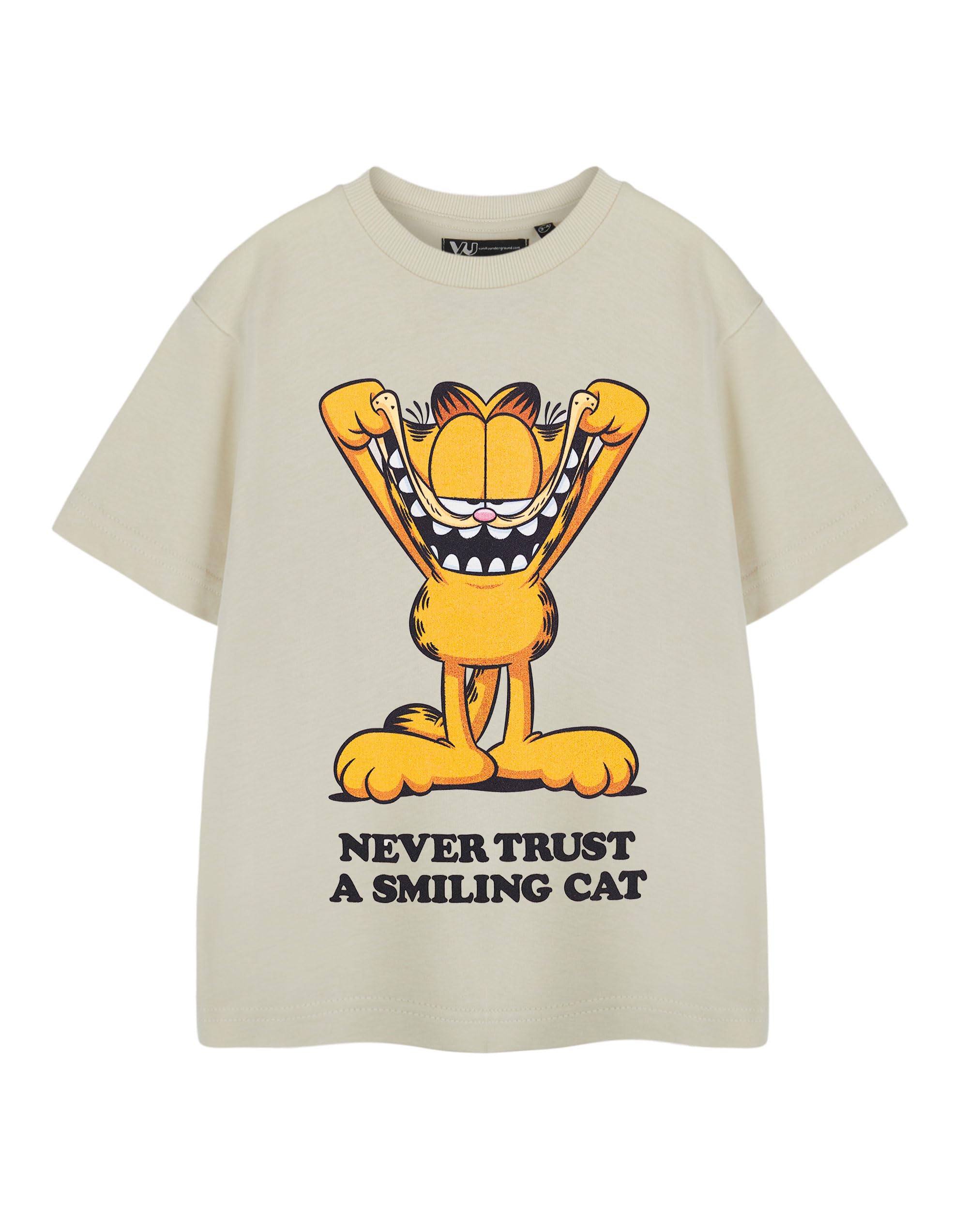 Garfield Kids Short-Sleeved T-Shirt | Smiling Cat Graphic Tee in Oatmeal | Cartoon Character Comfortable Short-Sleeve Apparel for Boys & Girls | Fun Merchandise Gift for Kids & Teens
