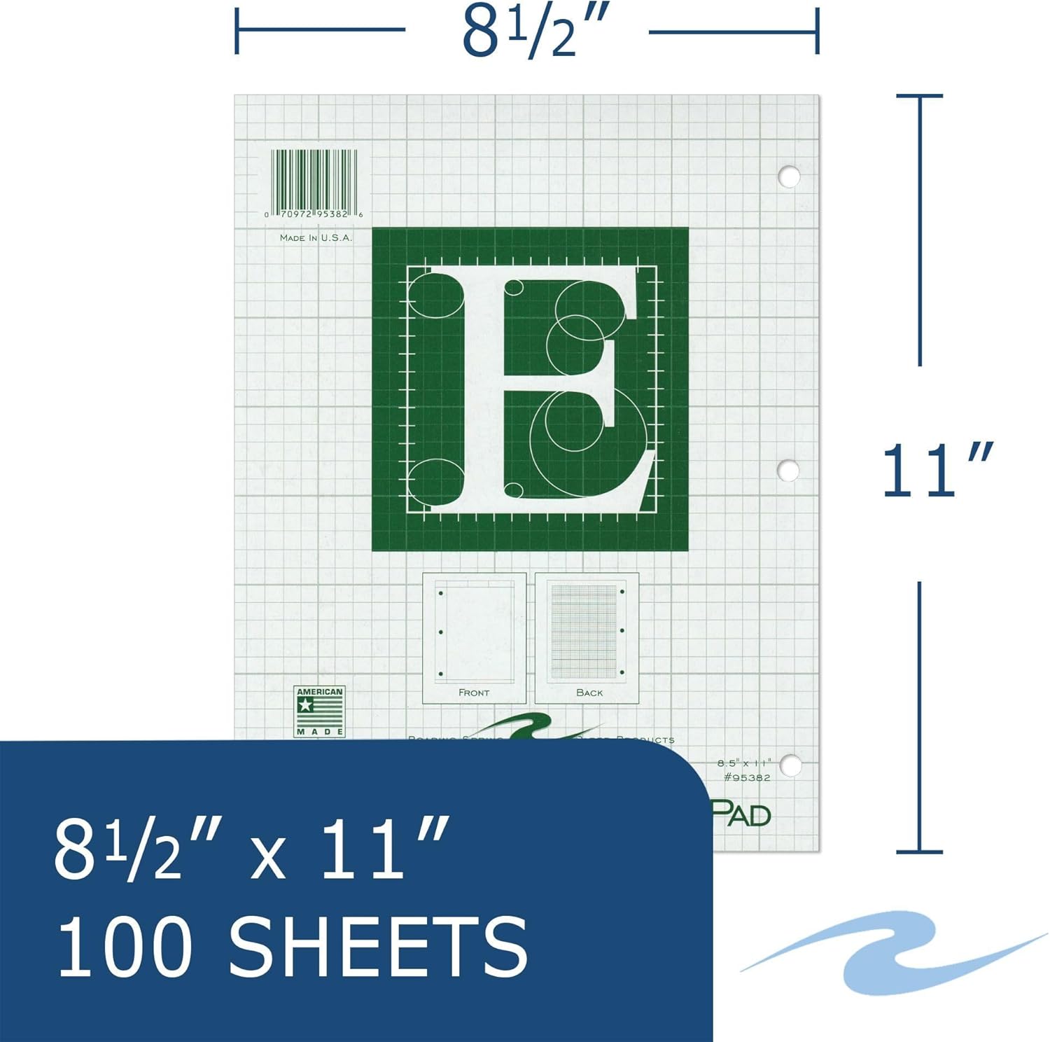 ROARING SPRING Graph Ruled Engineering Pad, Engineering Graph Paper Pad, 3 Pack, 5x5 Enclosed Grid, 8.5" x 11", 100 Sheets, 3 Hole Punched, Green Tinted Sheets, Made in USA
