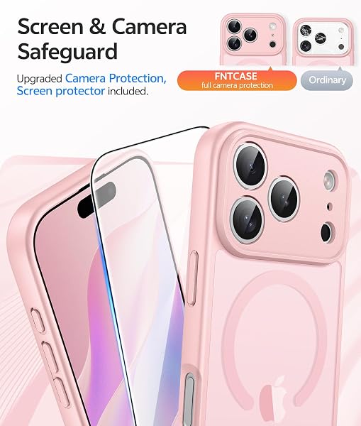 FNTCASE for iPhone 17 Pro Case: [Compatible with Magsafe] Translucent Matte Cases with [Full Camera Protection] [Screen Protector] Military Grade Shockproof Protective Phone Cover - Light Pink - 4
