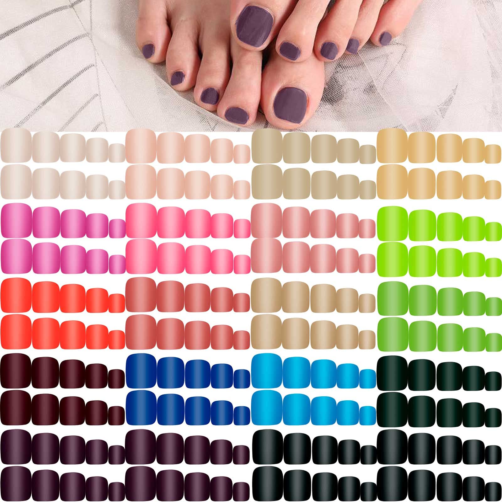 432 Pieces 18 Sets Press on Toe Nails Short Square Toe Nails Short False Artificial Toe Nail Tips Solid Color Full Cover Square Glossy Fake Toe Nails for Women Girls Nail (Vibrant Colors)