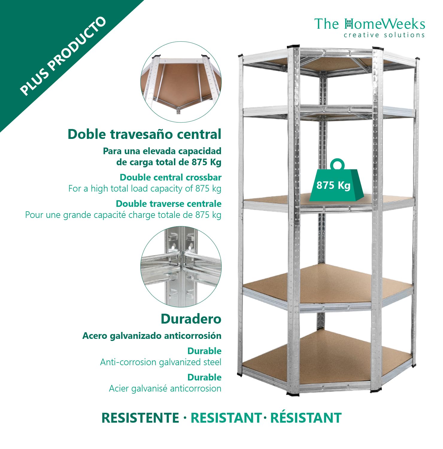 The Homeweeks Estantería Almacenaje Esquinera Angular Metálica 180 * 70 * 40cm | Galvanizada Modular | 5 Baldas MDF | Montaje Suelo | sin Tornillos System Click & Push | Multiposición