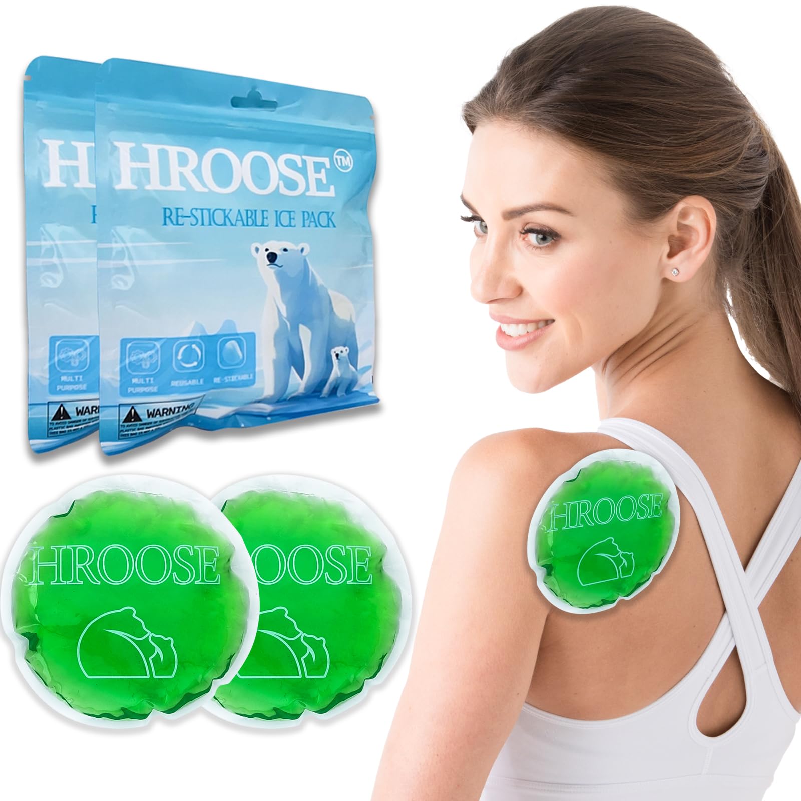 2 Pack Stickable 5" Reusable Gel Ice Pack,Hands-FreeCold Compress,Pain Relief,Muscle Strains, Injuries,Inflammation(2 Green)