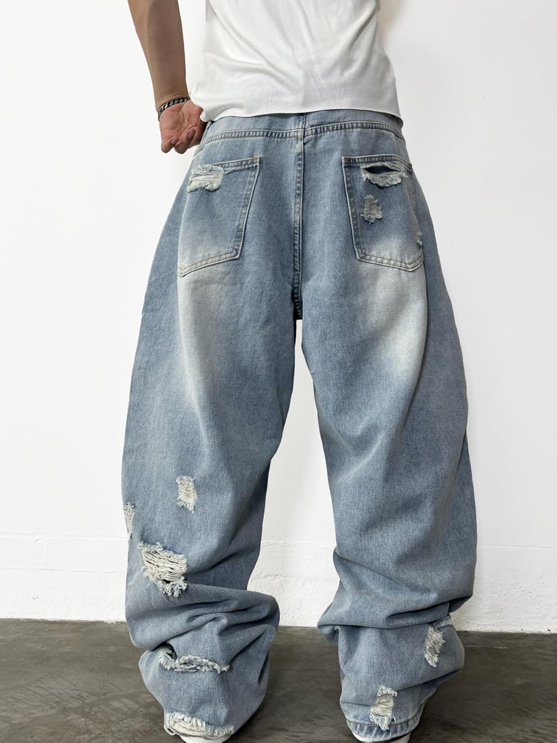 Hip Hop Baggy Jeans for Men with Hole Distressed Wide Leg Skater Jeans Loose Fit Denim Pants Streetwear - Image 3