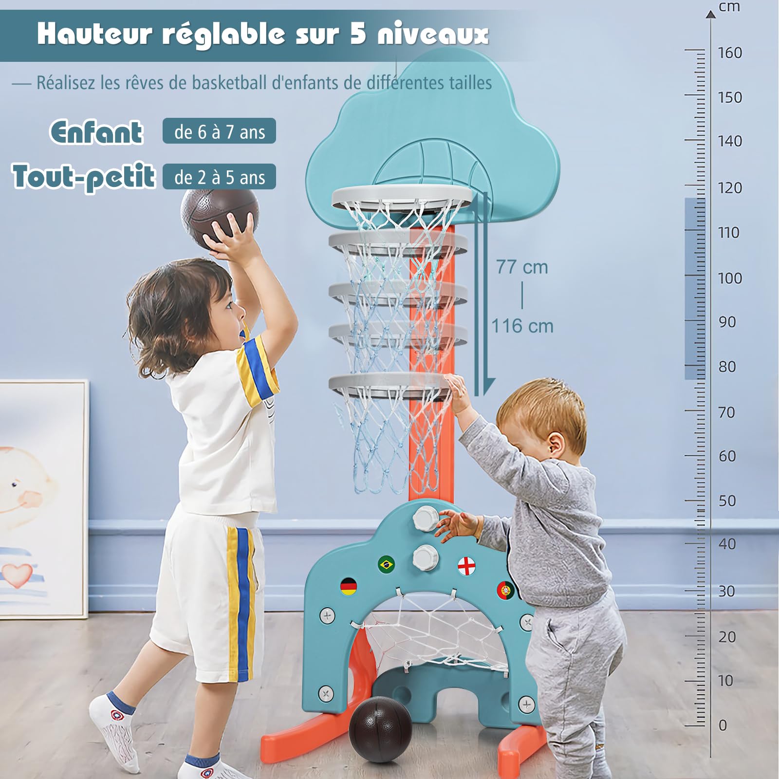 COSTWAY 3 en 1 Panier de Basketball pour Enfant 2-7 Ans avec Hauteur Réglable(77-116cm), Support de Basketball en Forme Neige avec Structure Stable, Bords Lisse, Jeu de Golf pour Garçons Filles