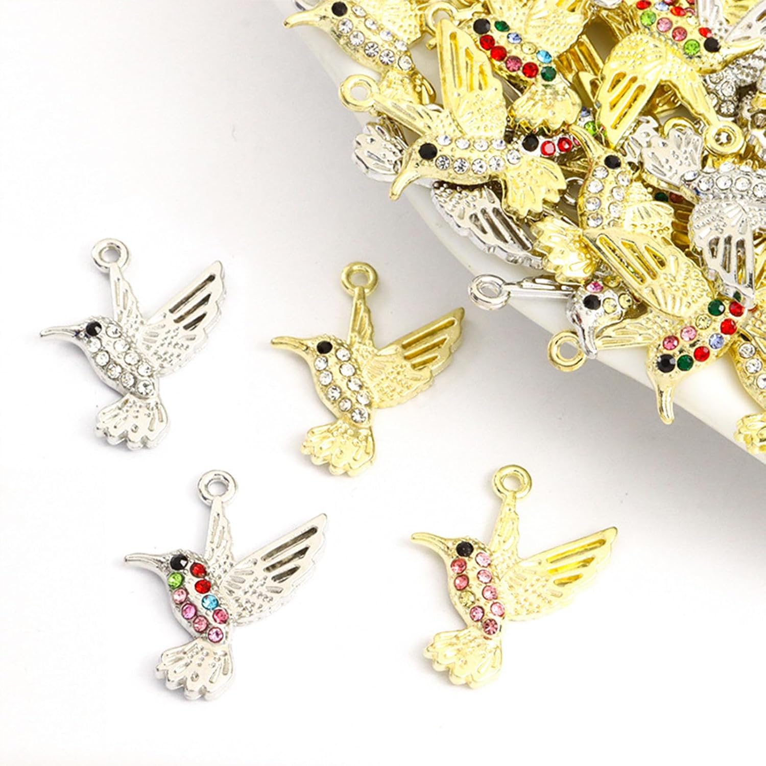 60 Pack Rhinestone Hummingbird Charms Mini Crystal Bird Animal Pendant Enamel Beads for Jewelry Making DIY Necklace Earrings Silver or Gold Metal - Image 2