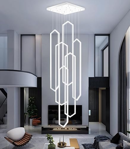 Miniatura 24 de Candelabro moderno de 6 anillos, luz LED dorada contemporánea para entrada de sala de estar, lámparas de techo alto regulables con control remoto