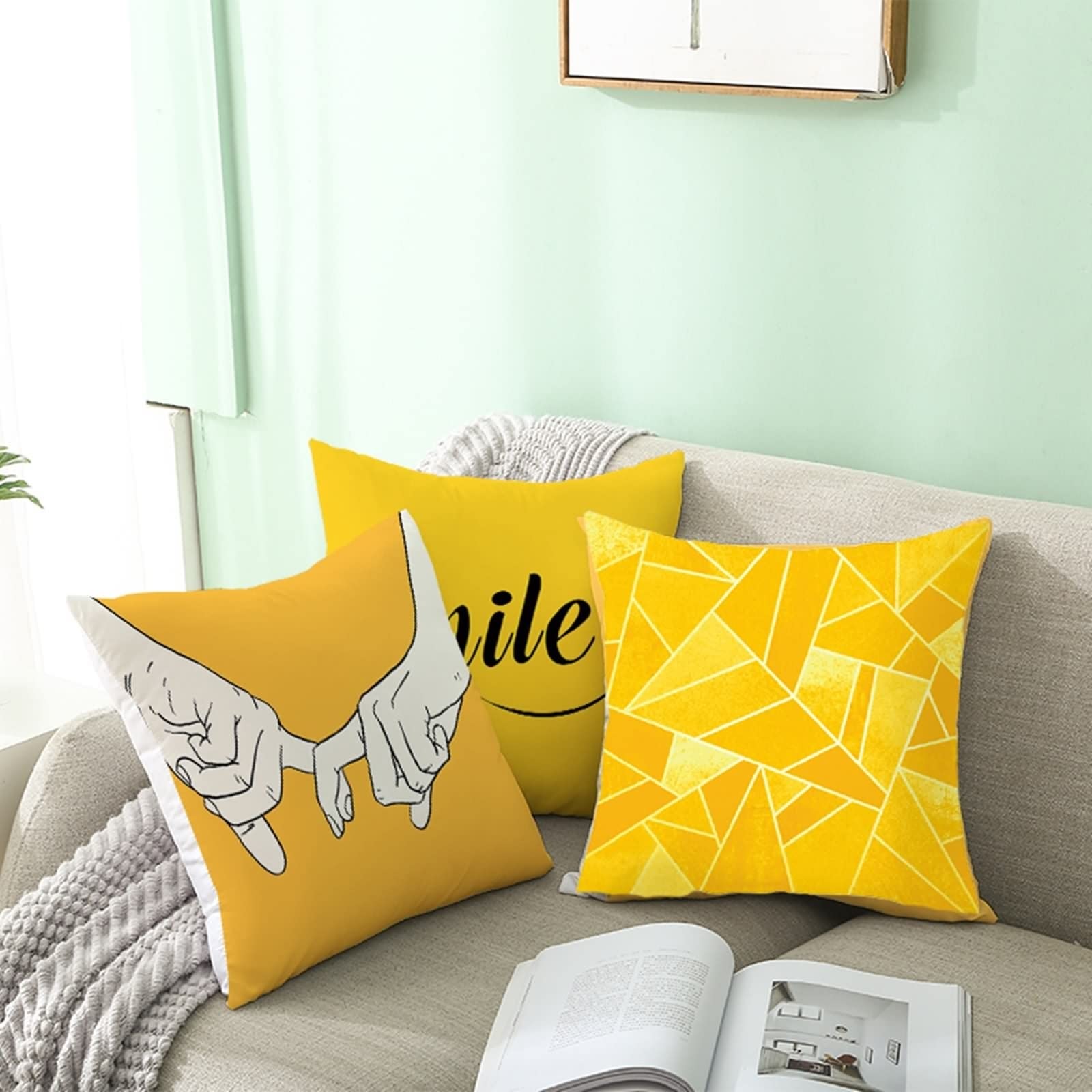 6 fundas de cojín para exteriores de 50 x 50 cm, funda de almohada amarilla geométrica y patrón de rayas de poliéster para sala de estar, sofá dormitorio