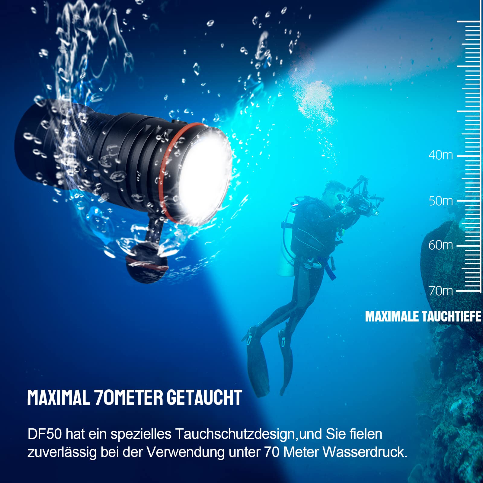 TrustFire DF50 KIT Unterwasser Tauchen Taschenlampe 6500 Lumen mit 1 x Akkupack Type-C USB aufladbar und Wasserdicht bis 70M - Professionell mit 3 Verschiedene LED-Typ für Fotografie