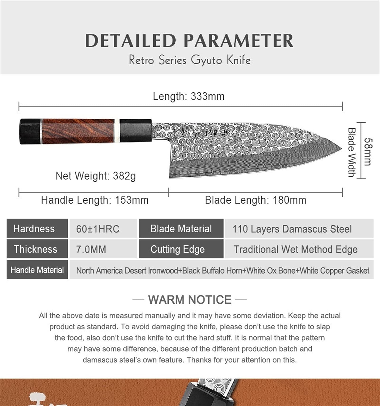 Retro Serie 180mm Gyuto coltello Damasco Steel Sashimi Giapponese Pesci-Filletto Strumento da cucina Sharp Salmon Cook Coltelli da cucina Coltello da cucina