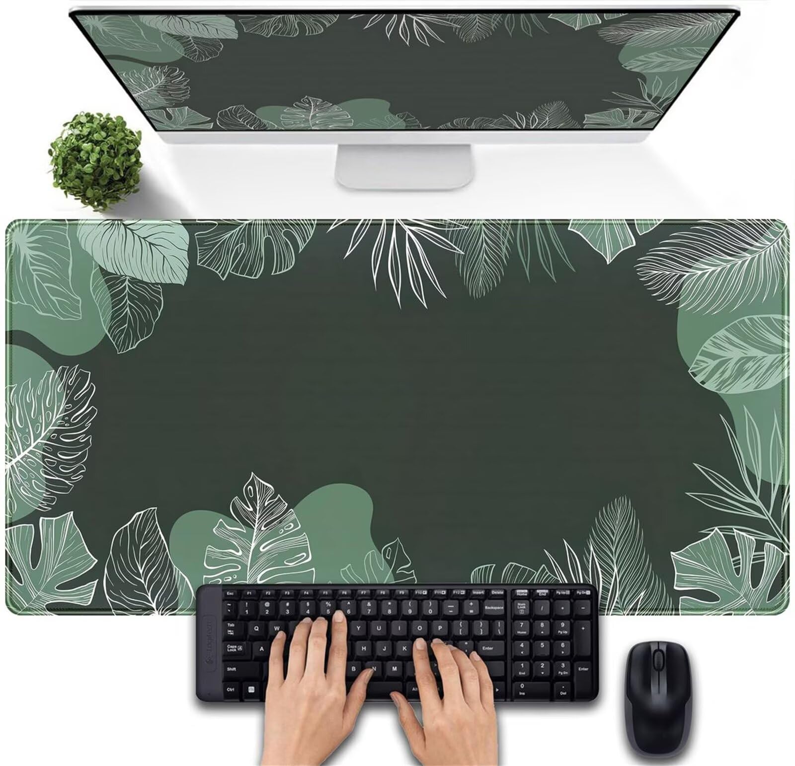 Podkładka na biurko, Green White Leaves Long Computer Keyboard Mousepad Mouse Mat Washable with Slip Rubber Base(3mm,700x400x2mm)