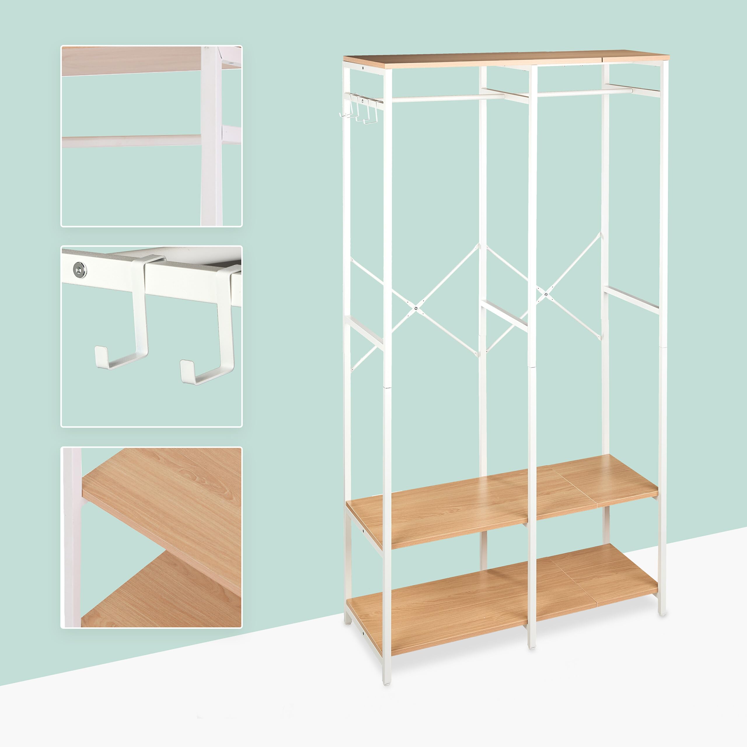 Perchero Relaxdays, Abierto, Armario, estantes y Barra, HBT: 180 x 94,5 x 40 cm, Perchero, Metal, Blanco/Madera