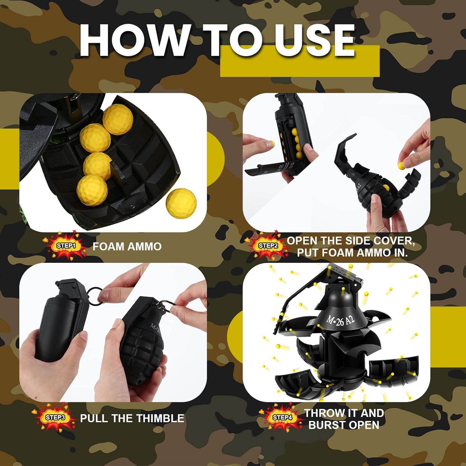 Sratte 6 Pcs Toy Hand Grenade for CS Battle Game, Fake Tactical CS-Grenade Toys with 60 Foam Ammo Fun Impact Pull Ring Grenade for 14+ and Adult Outdoor Sports(Black)