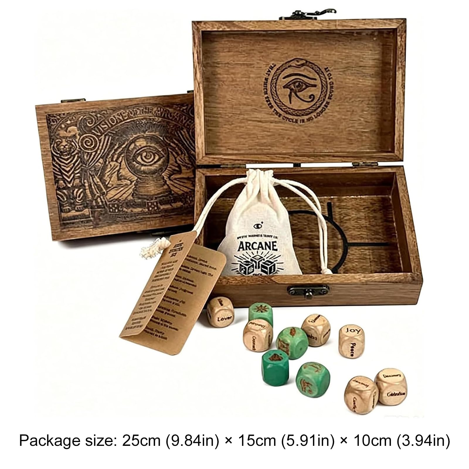 Set di dadi di divinazione con scatola di legno incisa - 10 pezzi | Dadi Oracolo di alta qualità per rituali, amplifica intuizione, realizzati a mano con simboli